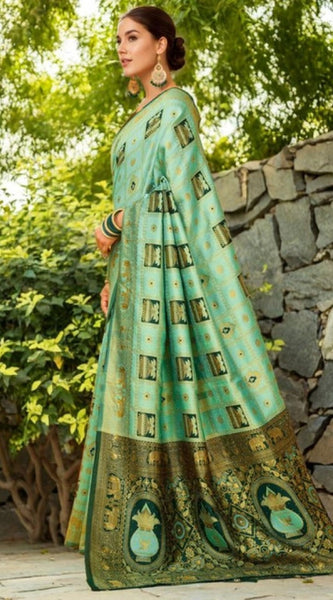 Mayawye Women's Silk Blend Woven Zari Work Saree With Unstitched Blouse 5.5Mtr (Mint Green)
