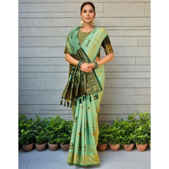 Mayawye Women's Silk Blend Woven Zari Work Saree With Unstitched Blouse 5.5Mtr (Mint Green)