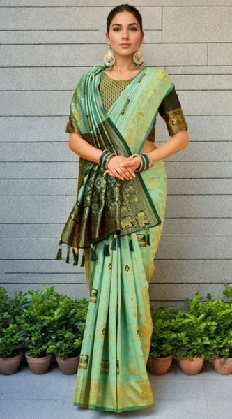 Mayawye Women's Silk Blend Woven Zari Work Saree With Unstitched Blouse 5.5Mtr (Mint Green)