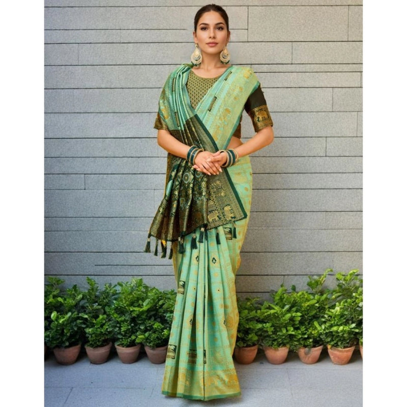 Mayawye Women's Silk Blend Woven Zari Work Saree With Unstitched Blouse 5.5Mtr (Mint Green)