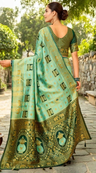 Mayawye Women's Silk Blend Woven Zari Work Saree With Unstitched Blouse 5.5Mtr (Mint Green)