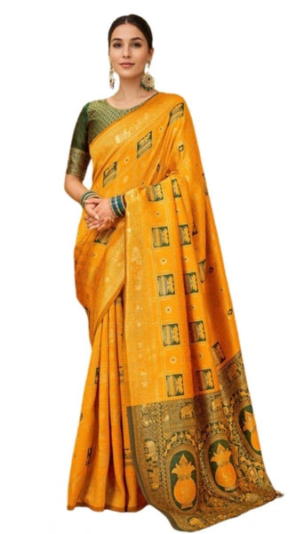 Mayawye Women's Silk Blend Woven Zari Work Saree With Unstitched Blouse 5.5Mtr (Mustard)
