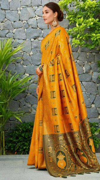Mayawye Women's Silk Blend Woven Zari Work Saree With Unstitched Blouse 5.5Mtr (Mustard)