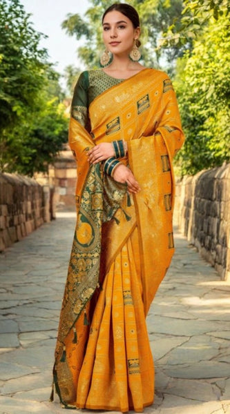 Mayawye Women's Silk Blend Woven Zari Work Saree With Unstitched Blouse 5.5Mtr (Mustard)