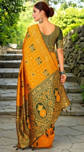 Mayawye Women's Silk Blend Woven Zari Work Saree With Unstitched Blouse 5.5Mtr (Mustard)