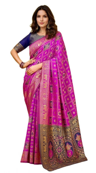Mayawye Women's Silk Blend Woven Zari Work Saree With Unstitched Blouse 5.5Mtr (Pink)