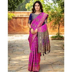Mayawye Women's Silk Blend Woven Zari Work Saree With Unstitched Blouse 5.5Mtr (Pink)