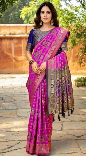 Mayawye Women's Silk Blend Woven Zari Work Saree With Unstitched Blouse 5.5Mtr (Pink)
