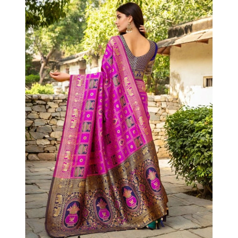 Mayawye Women's Silk Blend Woven Zari Work Saree With Unstitched Blouse 5.5Mtr (Pink)