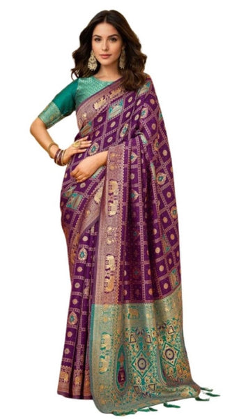 Mayawye Women's Silk Blend Woven Zari Work Saree With Unstitched Blouse 5.5Mtr (Purple)
