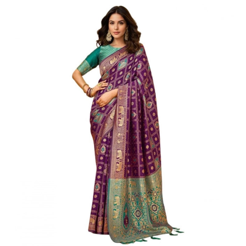 Mayawye Women's Silk Blend Woven Zari Work Saree With Unstitched Blouse 5.5Mtr (Purple)