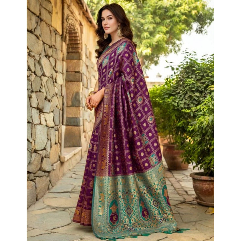 Mayawye Women's Silk Blend Woven Zari Work Saree With Unstitched Blouse 5.5Mtr (Purple)
