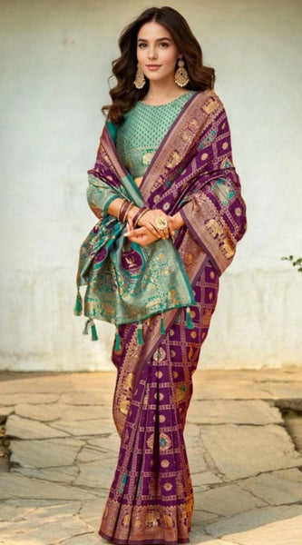 Mayawye Women's Silk Blend Woven Zari Work Saree With Unstitched Blouse 5.5Mtr (Purple)