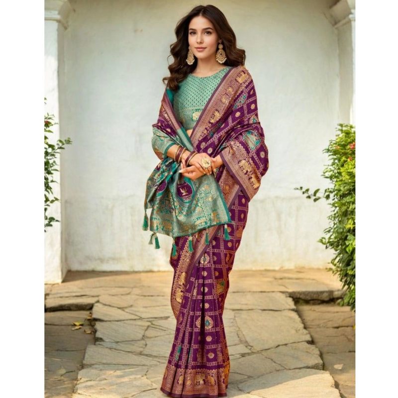 Mayawye Women's Silk Blend Woven Zari Work Saree With Unstitched Blouse 5.5Mtr (Purple)