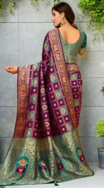 Mayawye Women's Silk Blend Woven Zari Work Saree With Unstitched Blouse 5.5Mtr (Purple)