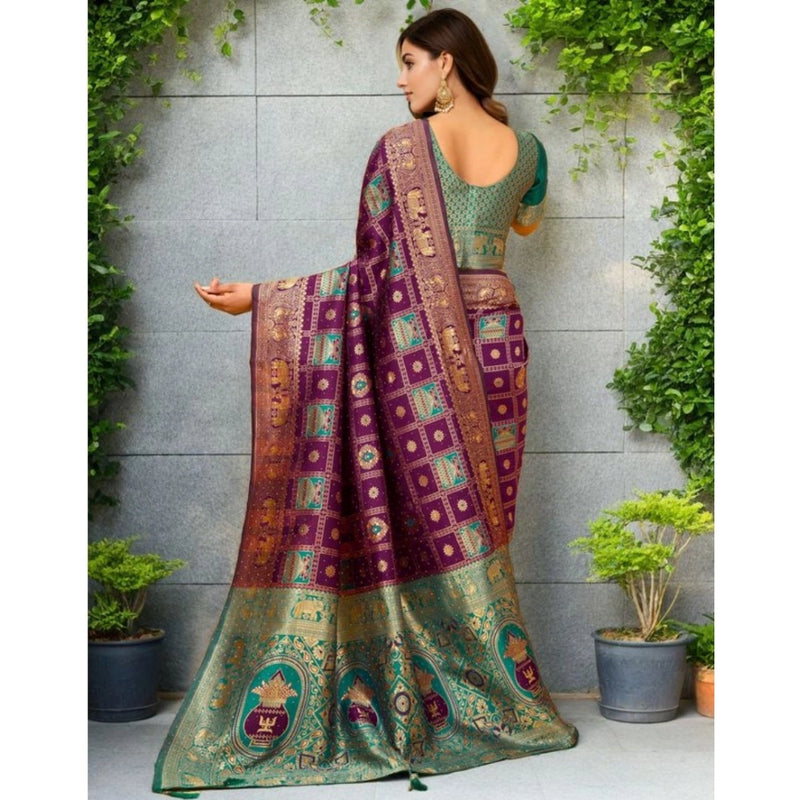 Mayawye Women's Silk Blend Woven Zari Work Saree With Unstitched Blouse 5.5Mtr (Purple)