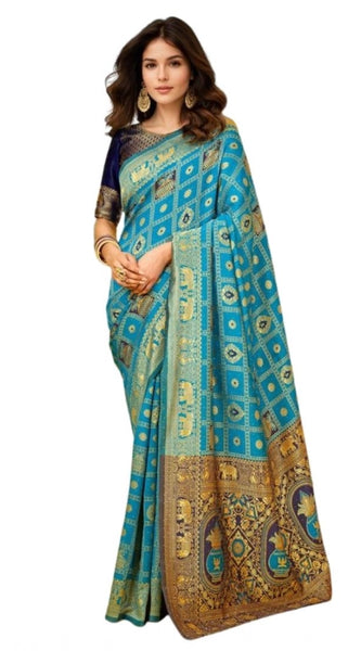 Mayawye Women's Silk Blend Woven Zari Work Saree With Unstitched Blouse 5.5Mtr (Rama)