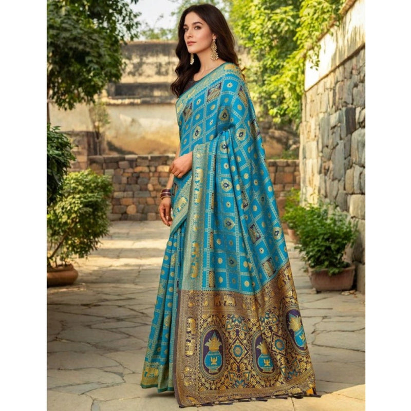 Mayawye Women's Silk Blend Woven Zari Work Saree With Unstitched Blouse 5.5Mtr (Rama)