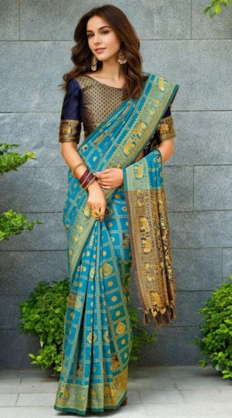 Mayawye Women's Silk Blend Woven Zari Work Saree With Unstitched Blouse 5.5Mtr (Rama)