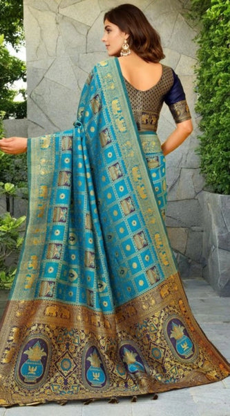 Mayawye Women's Silk Blend Woven Zari Work Saree With Unstitched Blouse 5.5Mtr (Rama)