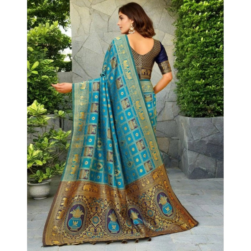 Mayawye Women's Silk Blend Woven Zari Work Saree With Unstitched Blouse 5.5Mtr (Rama)