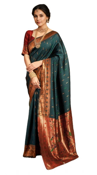 Mayawye Women's Silk Blend Zari Woven Saree With Unstitched Blouse 5.5Mtr (Green)