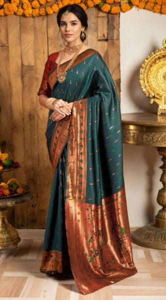 Mayawye Women's Silk Blend Zari Woven Saree With Unstitched Blouse 5.5Mtr (Green)