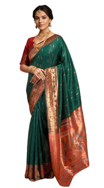 Mayawye Women's Silk Blend Zari Woven Saree With Unstitched Blouse 5.5Mtr (Green)