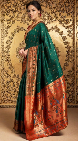 Mayawye Women's Silk Blend Zari Woven Saree With Unstitched Blouse 5.5Mtr (Green)
