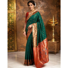 Mayawye Women's Silk Blend Zari Woven Saree With Unstitched Blouse 5.5Mtr (Green)