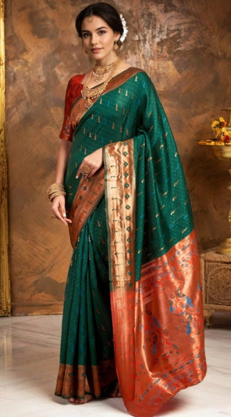 Mayawye Women's Silk Blend Zari Woven Saree With Unstitched Blouse 5.5Mtr (Green)