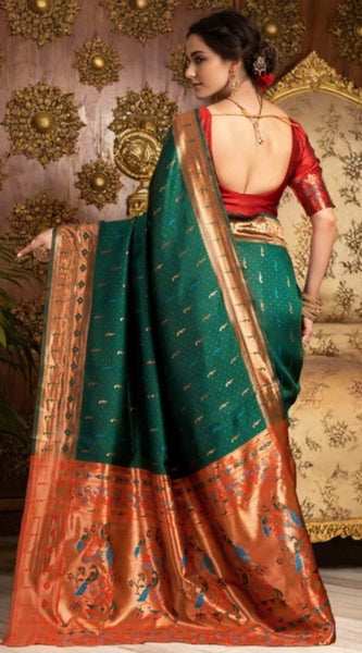 Mayawye Women's Silk Blend Zari Woven Saree With Unstitched Blouse 5.5Mtr (Green)