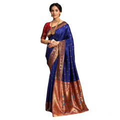 Mayawye Women's Silk Blend Zari Woven Saree With Unstitched Blouse 5.5Mtr (Navy)