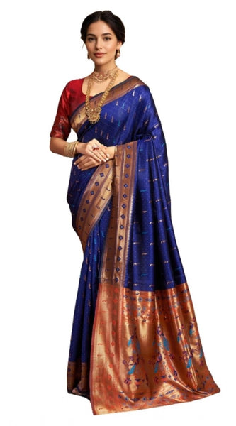 Mayawye Women's Silk Blend Zari Woven Saree With Unstitched Blouse 5.5Mtr (Navy)