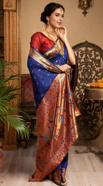 Mayawye Women's Silk Blend Zari Woven Saree With Unstitched Blouse 5.5Mtr (Navy)