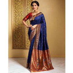 Mayawye Women's Silk Blend Zari Woven Saree With Unstitched Blouse 5.5Mtr (Navy)