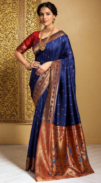 Mayawye Women's Silk Blend Zari Woven Saree With Unstitched Blouse 5.5Mtr (Navy)