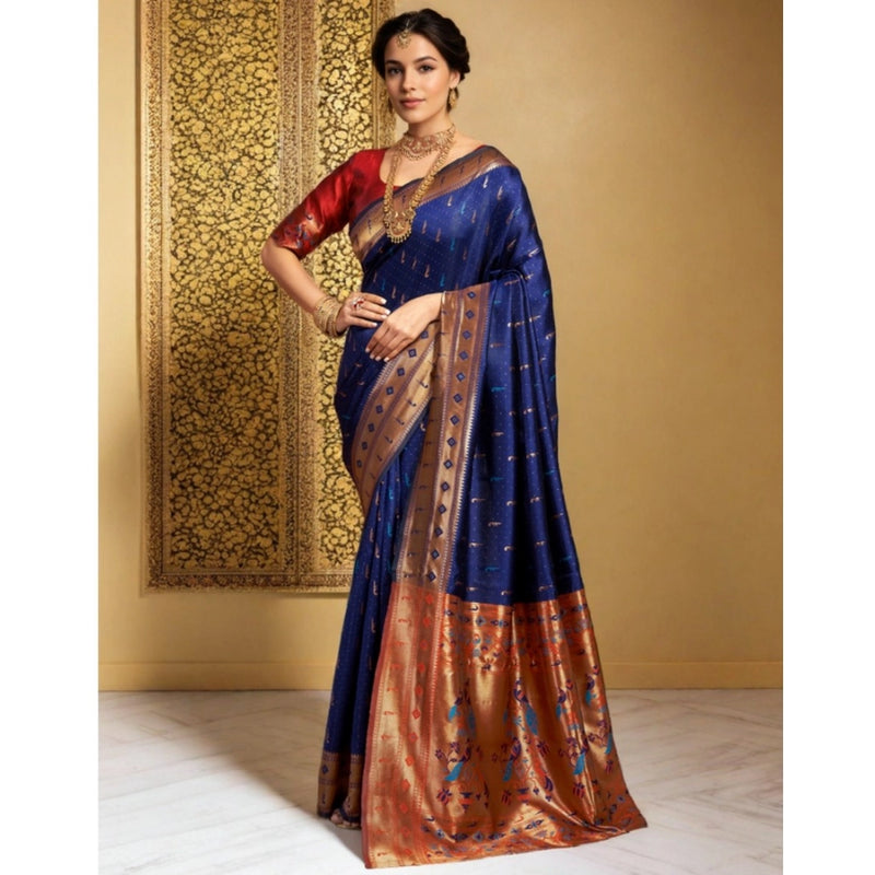 Mayawye Women's Silk Blend Zari Woven Saree With Unstitched Blouse 5.5Mtr (Navy)