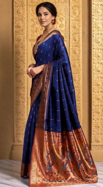 Mayawye Women's Silk Blend Zari Woven Saree With Unstitched Blouse 5.5Mtr (Navy)