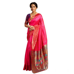Mayawye Women's Silk Blend Zari Woven Saree With Unstitched Blouse 5.5Mtr (Pink)