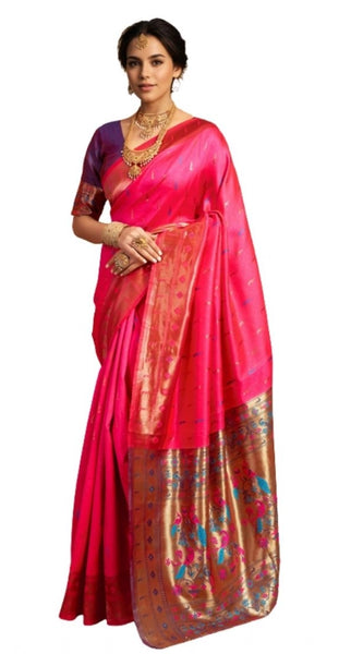 Mayawye Women's Silk Blend Zari Woven Saree With Unstitched Blouse 5.5Mtr (Pink)