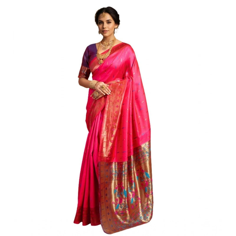 Mayawye Women's Silk Blend Zari Woven Saree With Unstitched Blouse 5.5Mtr (Pink)