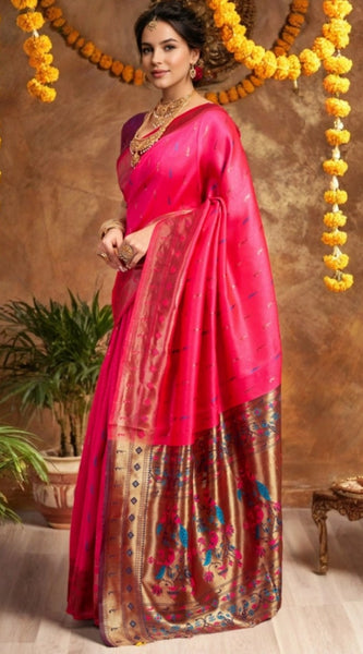 Mayawye Women's Silk Blend Zari Woven Saree With Unstitched Blouse 5.5Mtr (Pink)