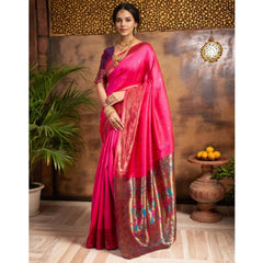 Mayawye Women's Silk Blend Zari Woven Saree With Unstitched Blouse 5.5Mtr (Pink)