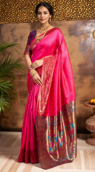 Mayawye Women's Silk Blend Zari Woven Saree With Unstitched Blouse 5.5Mtr (Pink)