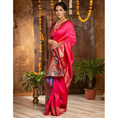 Mayawye Women's Silk Blend Zari Woven Saree With Unstitched Blouse 5.5Mtr (Pink)