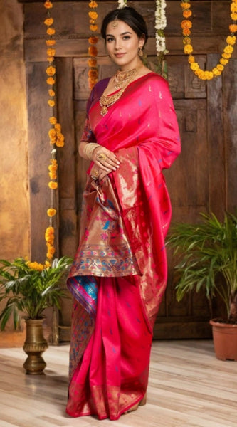 Mayawye Women's Silk Blend Zari Woven Saree With Unstitched Blouse 5.5Mtr (Pink)