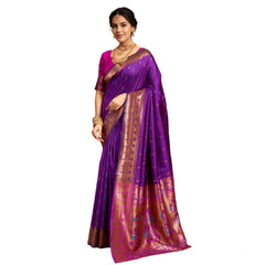 Mayawye Women's Silk Blend Zari Woven Saree With Unstitched Blouse 5.5Mtr (Purple)