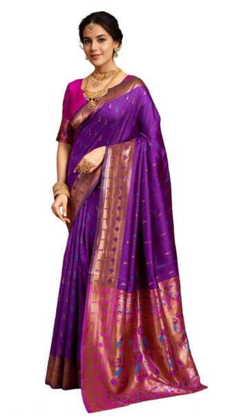 Mayawye Women's Silk Blend Zari Woven Saree With Unstitched Blouse 5.5Mtr (Purple)