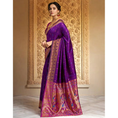 Mayawye Women's Silk Blend Zari Woven Saree With Unstitched Blouse 5.5Mtr (Purple)